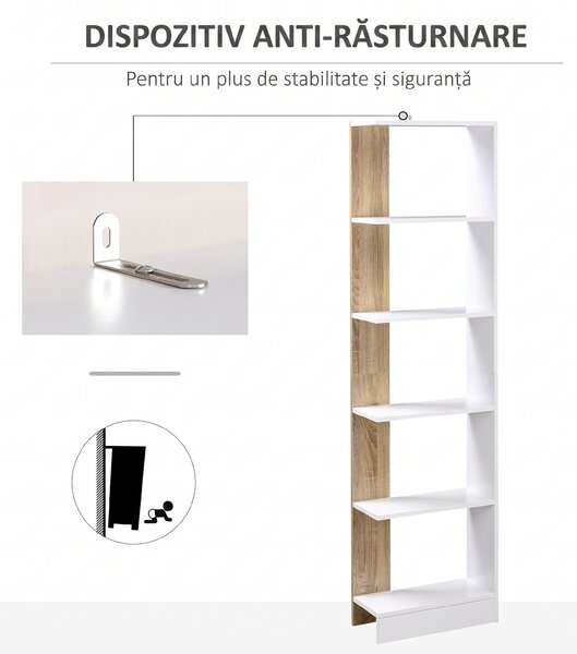 HOMCOM Bibliotecă de Perete cu 5 Rafturi și Dispozitiv Anti-Răsturnare din PAL 45x21x170 cm Alb Stejar | Aosom Romania