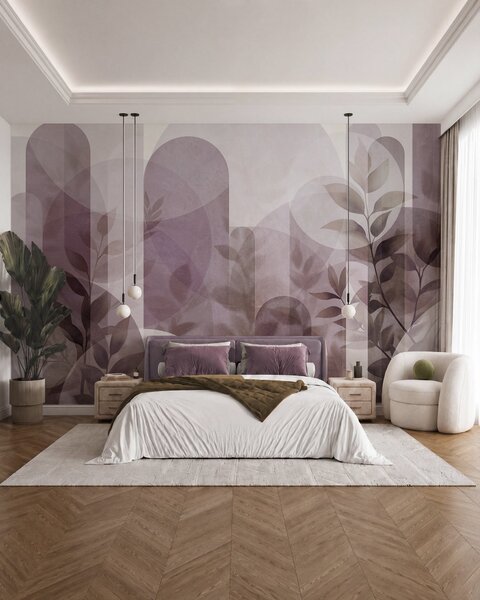 Tapet Elemente geometrice abstracte și frunze delicate într-o nuanță de roz discret, Fototapet Modern, w10088v2 : Uwalls.ro