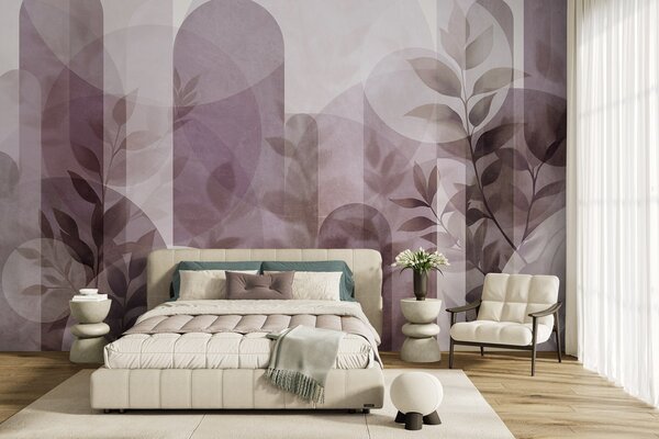 Tapet Elemente geometrice abstracte și frunze delicate într-o nuanță de roz discret, Fototapet Modern, w10088v2 : Uwalls.ro