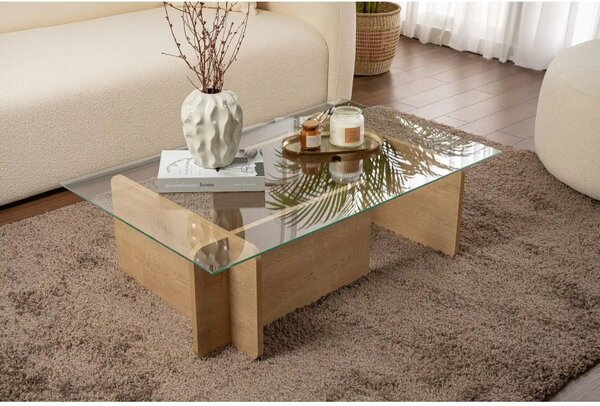 Masuta cafea FLAVIO, stejar miere/transparent, PAL/sticla, 105x65x30 c