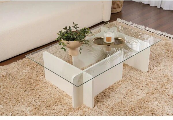Masuta cafea FLAVIO, alb/transparent, PAL/sticla, 105x65x30 cm