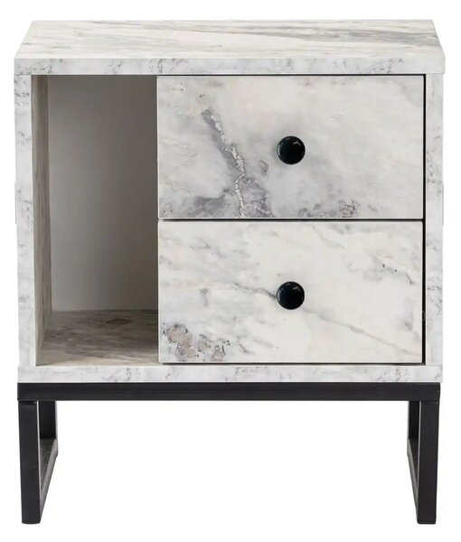 Noptiera GLIMMER, alb cu efect de marmura/negru, PAL/metal, 46x30x50 c