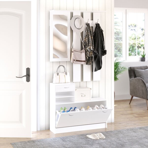 HOMCOM Mobila de Hol Moderna Garderoba Set Cuier, Oglinda si Dulap Pantofi 3 in 1, in Lemn Alb | Aosom Romania