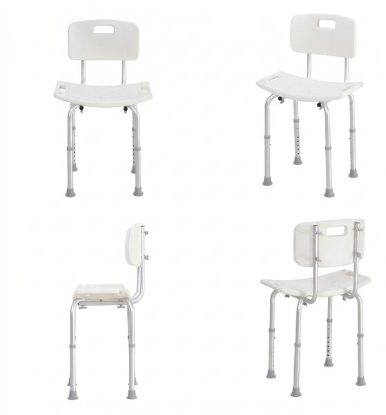 HOMCOM Scaun de Duș Antiderapant cu Spătar și Înălțime Reglabilă pe 8 Poziții, 50,6x43x71-88 cm, Alb | Aosom Romania