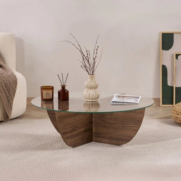Masuta cafea LIYA, nuc/transparent, sticla/PAL, 90x90x30 cm