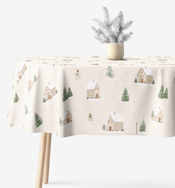Goldea față de masă de crăciun 100% bumbac - sat înzăpezit - ovală 140 x 240 cm