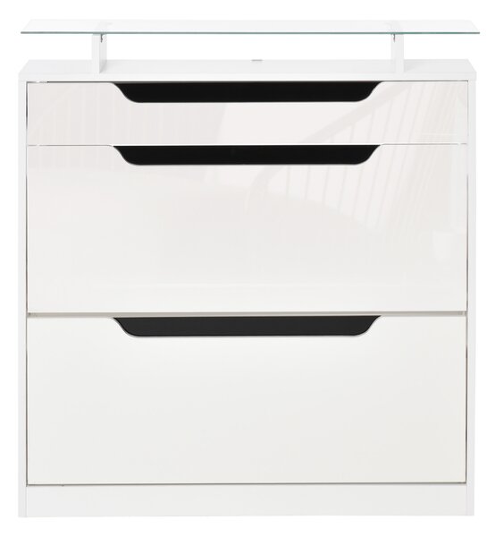 HOMCOM Suport pentru Pantofi cu 2 Sertare pentru 16 Perechi de Pantofi cu Etajeră Reglabilă și Raft din Sticlă, 89x23x96cm, Alb Lucios | Aosom Romania