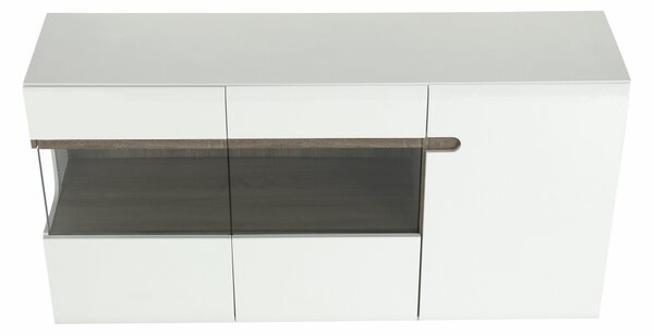 KONDELA Comodă, albă strălucitoare HG/stejar sonoma închis, LYNATET TYP 42