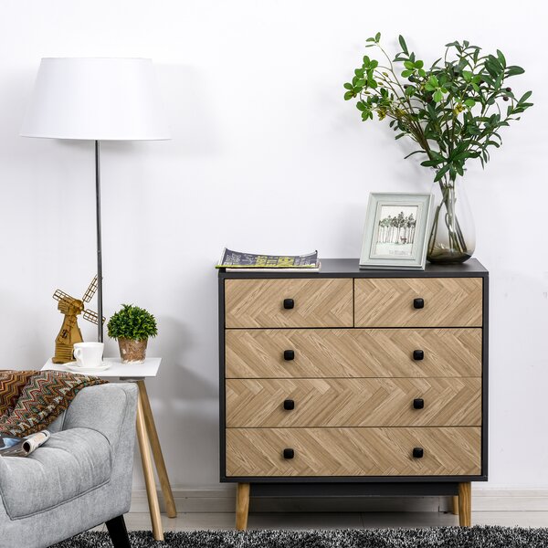 HOMCOM Noptieră Modernă din Lemn cu 5 Sertare și Picioare Ridicate din Pin, Design Elegant, Gri Închis, 80x40x80cm | Aosom Romania