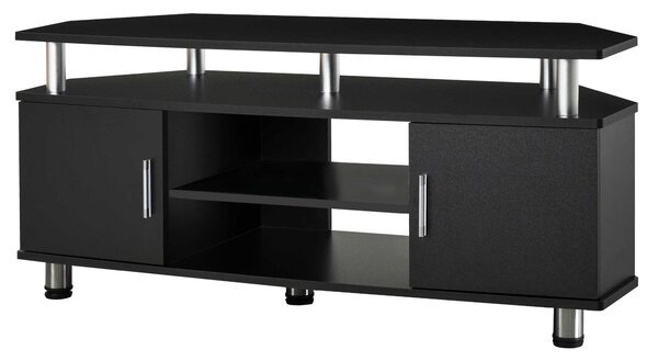 Comoda TV moderna HOMCOM, cu 2 compartimente inchise, raft, blat, benzi antiderapante, picioare din otel inox, din lemn, negru | Aosom Romania