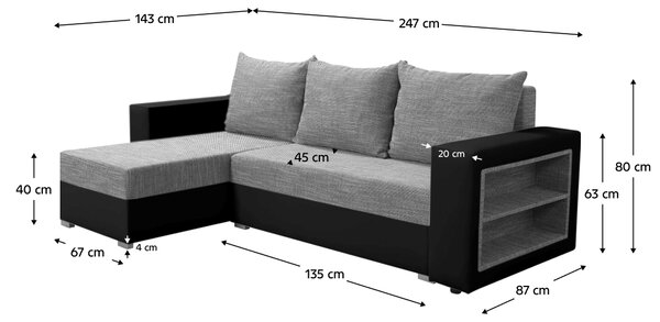 KONDELA Canapea extensibilă cu raft, melanj negru/gri, stânga, MERAK ROH