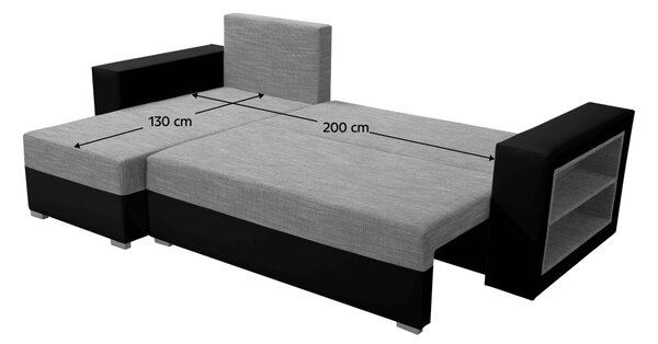 KONDELA Canapea extensibilă cu raft, melanj negru/gri, stânga, MERAK ROH