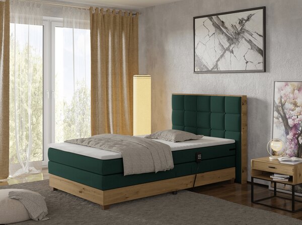 KONDELA Pat electric reglabil, boxspring, verde/stejar artizanal, 120x200, TIANA