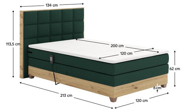 KONDELA Pat electric reglabil, boxspring, verde/stejar artizanal, 120x200, TIANA
