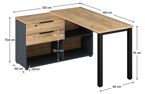 KONDELA Birou de colţ pentru PC, grafit/stejar artisan, KLAUDIUS TIP 8