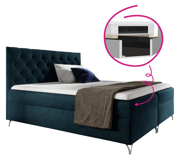 KONDELA Pat cu boxspring, 140x200, albastru închis Velvet, GULIETTE + cadou