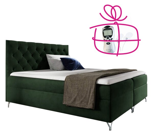 KONDELA Pat cu boxspring, 140x200, ţesătură verde Velvet, GULIETTE + cadou