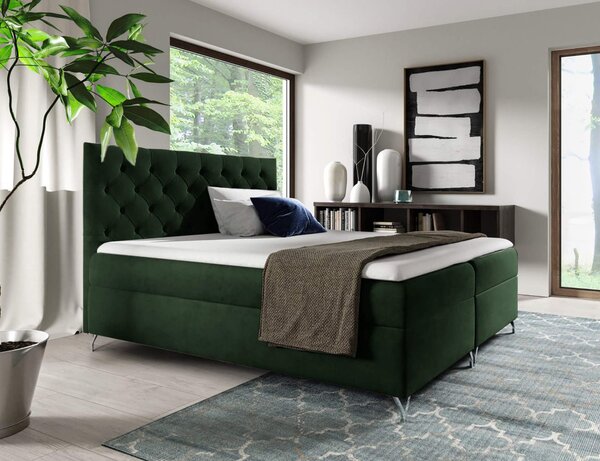 KONDELA Pat cu boxspring, 140x200, ţesătură verde Velvet, GULIETTE + cadou