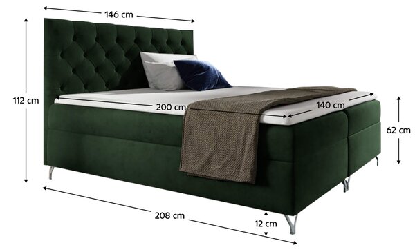 KONDELA Pat cu boxspring, 140x200, ţesătură verde Velvet, GULIETTE + cadou