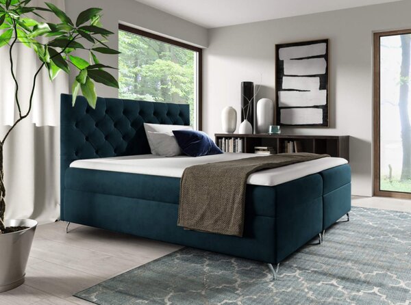 KONDELA Pat cu boxspring, 140x200, albastru închis Velvet, GULIETTE + cadou