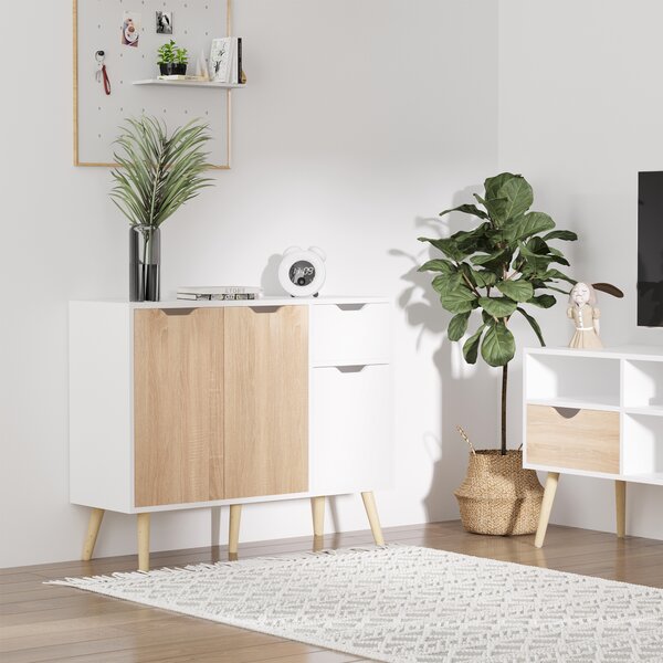 HOMCOM Dulap Multifuncțional cu Sertar și Uși, Stil Nordic, pentru Dormitor sau Living, Alb și Culoare Lemn | Aosom Romania