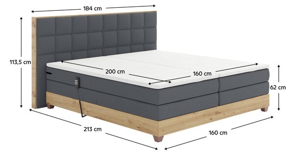 KONDELA Pat electric reglabil, boxspring, gri închis/stejar artizanal, 160x200, TIANA