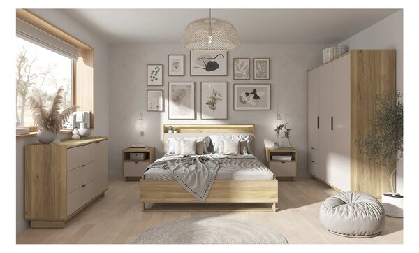 Set dormitor DALVA, stejar/casmir, pat 160x200, dulap cu 3 usi si 2 se