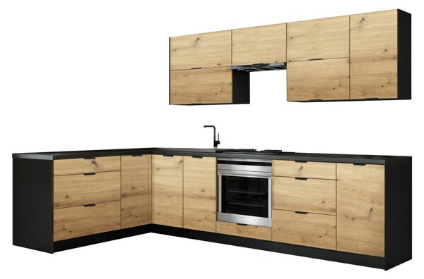 KONDELA Mobilier de bucătărie universal colţar, 300x180, stejar artizan/negru, NOLDIC