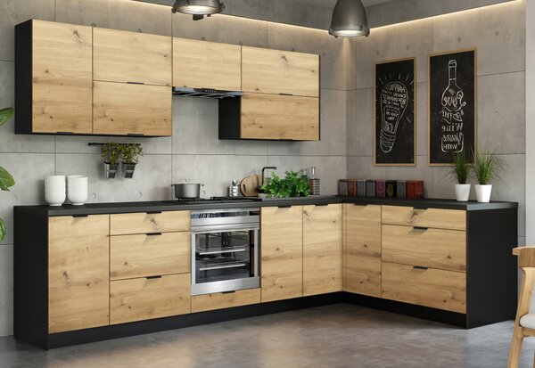 KONDELA Mobilier de bucătărie universal colţar, 300x180, stejar artizan/negru, NOLDIC