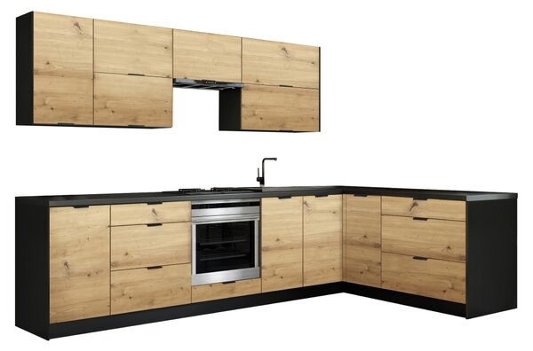 KONDELA Mobilier de bucătărie universal colţar, 300x180, stejar artizan/negru, NOLDIC
