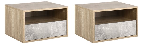 HOMCOM Set de 2 Noptiere Suspendate din Lemn cu Sertar și Raft Deschis, Design Modern, Gri și Lemn, Dimensiuni 45x35x27.5cm | Aosom Romania