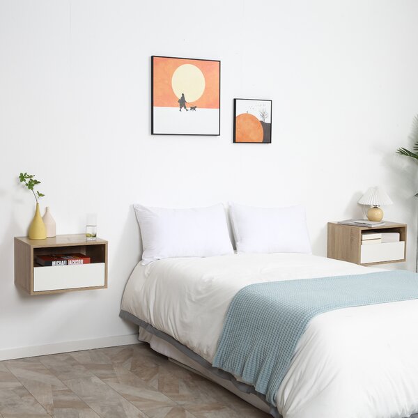 HOMCOM Set de 2 Noptiere Suspendate din Lemn, Design Modern cu Sertar și Raft, Alb și Lemn, 45x35x27.5cm | Aosom Romania