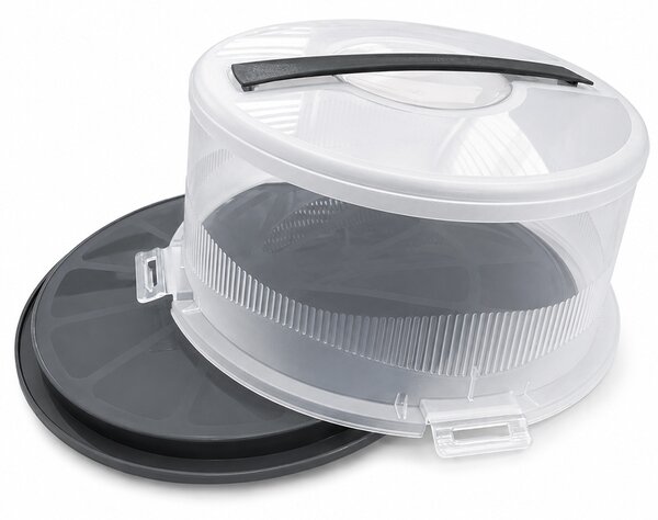 Platou rotund Pufo Cookies cu capac transparent pentru servire torturi, prajituri, briose, Ø 26 cm, gri