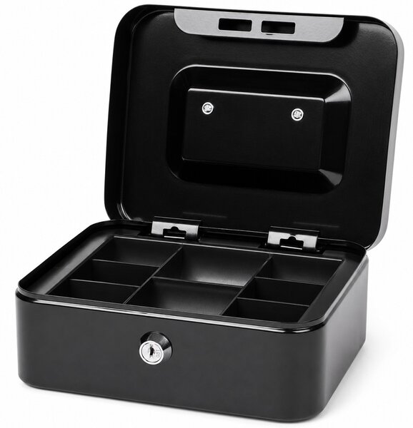Cutie metalica Pufo Money, caseta de valori cu incuietoare si 2 cheite, compartimente interioare pentru bani, monede, bijuterii si obiecte mici, negru