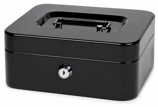 Cutie metalica Pufo Money, caseta de valori cu incuietoare si 2 cheite, compartimente interioare pentru bani, monede, bijuterii si obiecte mici, negru