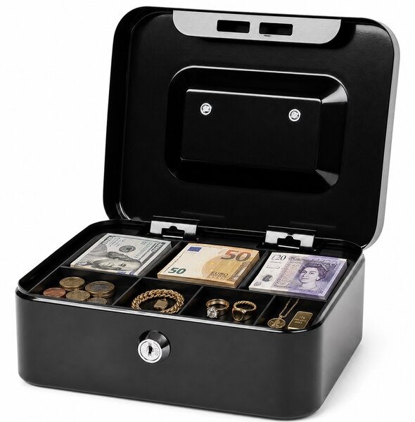 Cutie metalica Pufo Money, caseta de valori cu incuietoare si 2 cheite, compartimente interioare pentru bani, monede, bijuterii si obiecte mici, negru