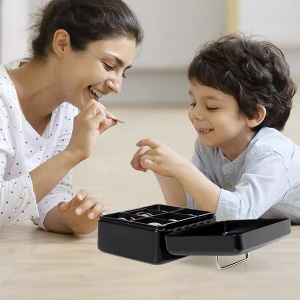 Cutie metalica Pufo Money, caseta de valori cu incuietoare si 2 cheite, compartimente interioare pentru bani, monede, bijuterii si obiecte mici, negru
