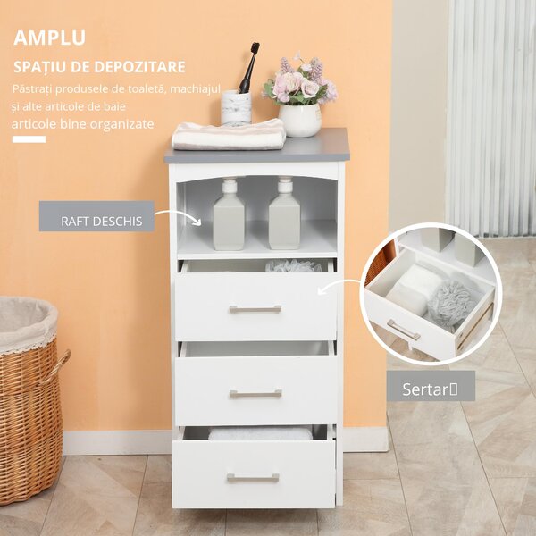 Kleankin Dulapior de Baie cu Raft Deschis si 3 Sertare, Design Ridicat din MDF, 40x33x80cm, Alb | Aosom Ro