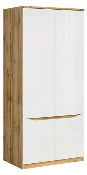 Set dormitor NUIS, stejar wotan/alb lucios, pat 160x200, dulap cu 4 us