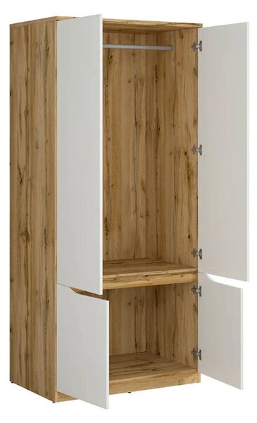Set dormitor NUIS, stejar wotan/alb lucios, pat 160x200, dulap cu 4 us