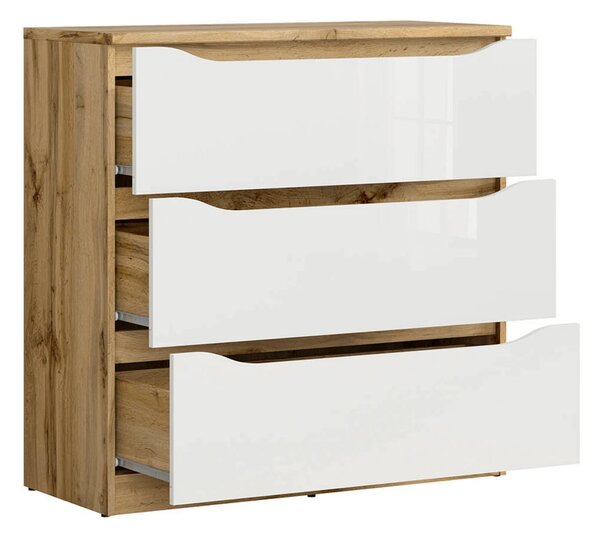 Set dormitor NUIS, stejar wotan/alb lucios, pat 160x200, dulap cu 4 us