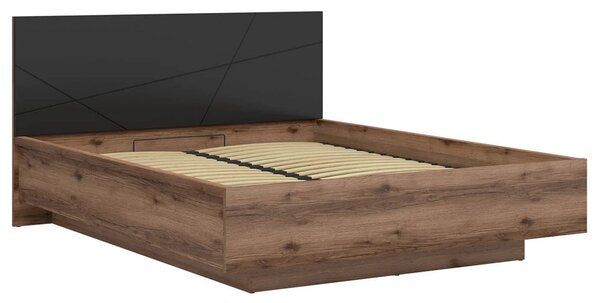 Set dormitor FORN, stejar inchis/negru mat, pat 160x200, dulap cu 3 us