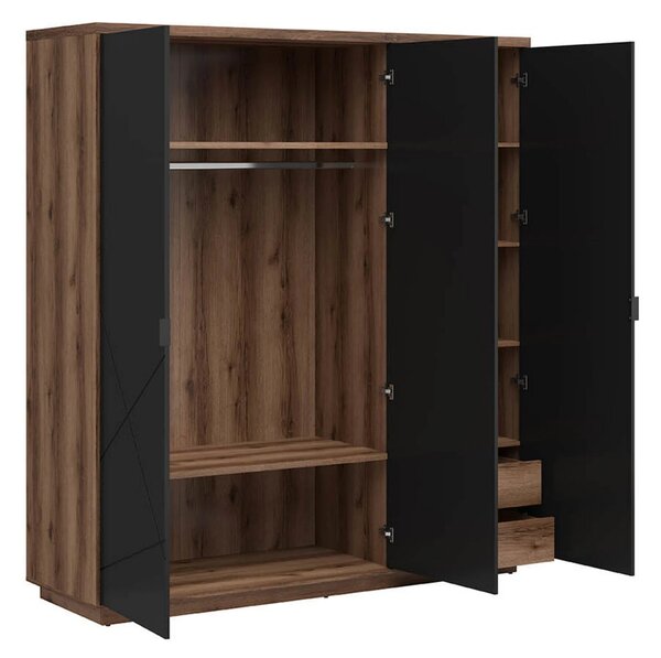 Set dormitor FORN, stejar inchis/negru mat, pat 160x200, dulap cu 3 us