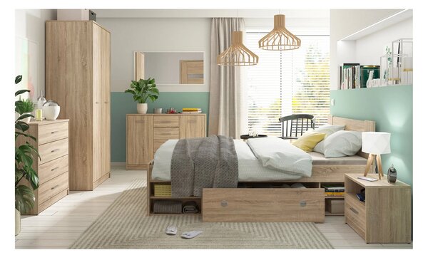 Set dormitor NEPO PLUS, stejar sonoma, pat 140x200, dulap cu 2 usi, 2