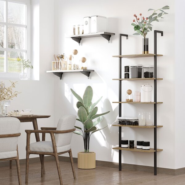Biblioteca cu scari in stil industrial, cu 5 niveluri, montare pe perete din lemn si metal, 60x30x184,5cm maro HOMCOM | Aosom Romania