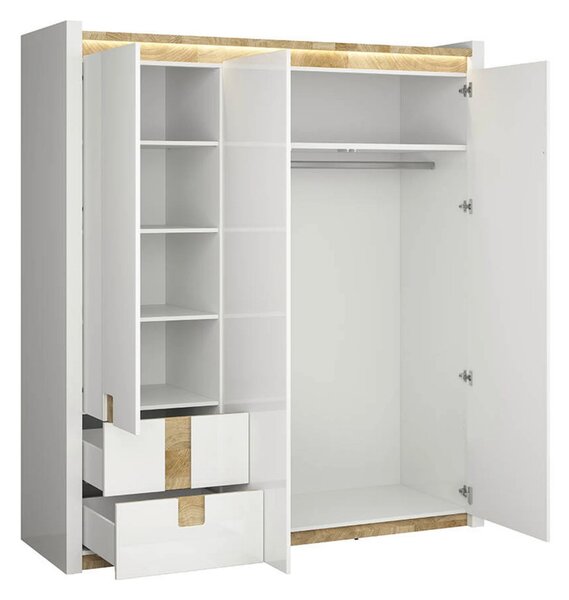 Set dormitor ALAMEDA, alb/stejar, pat 140x200, dulap cu 3 usi si 2 ser