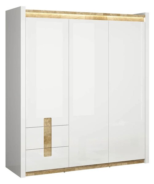 Set dormitor ALAMEDA, alb/stejar, pat 140x200, dulap cu 3 usi si 2 ser