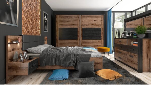 Set dormitor KASSEL, stejar/negru, pat 160x200 cu noptiere, dulap cu 2