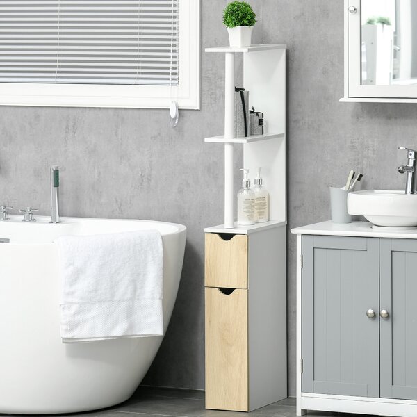 Kleankin Coloană Baie, 2 Rafturi, 2 Dulapuri, Economie Spațiu, MDF, Design Modern, 15.2x29.8x118cm, Alb/Lemn | Aosom Romania