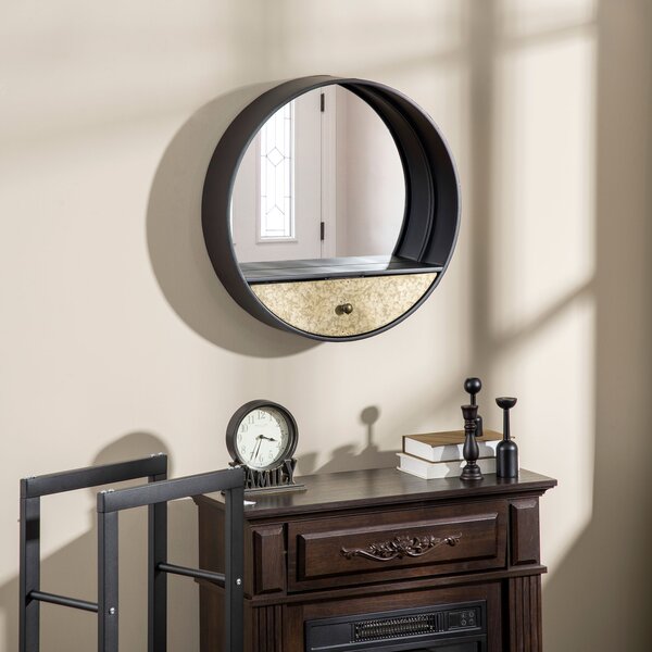 HOMCOM Oglindă Decorativă Rotundă cu Sertar, Cadru Metal și MDF, Ø61cm, Negru, pentru Living și Dormitor | Aosom Romania